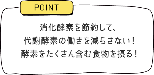 POINT　消化酵素を節約して、代謝酵素の働きを減らさない！酵素をたくさん含む食物を摂る！